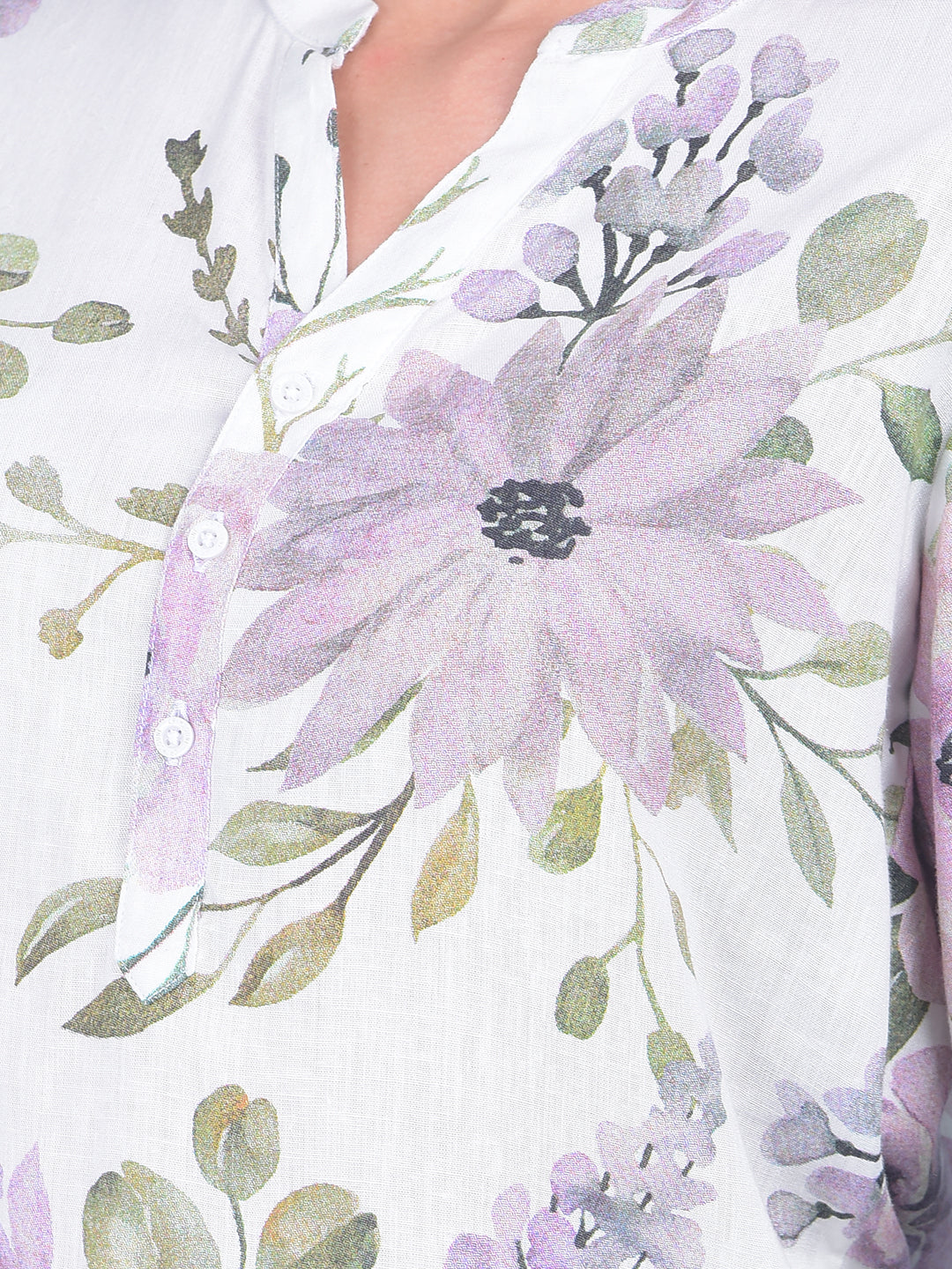 White Floral Print Linen Top-Women Tops-Crimsoune Club