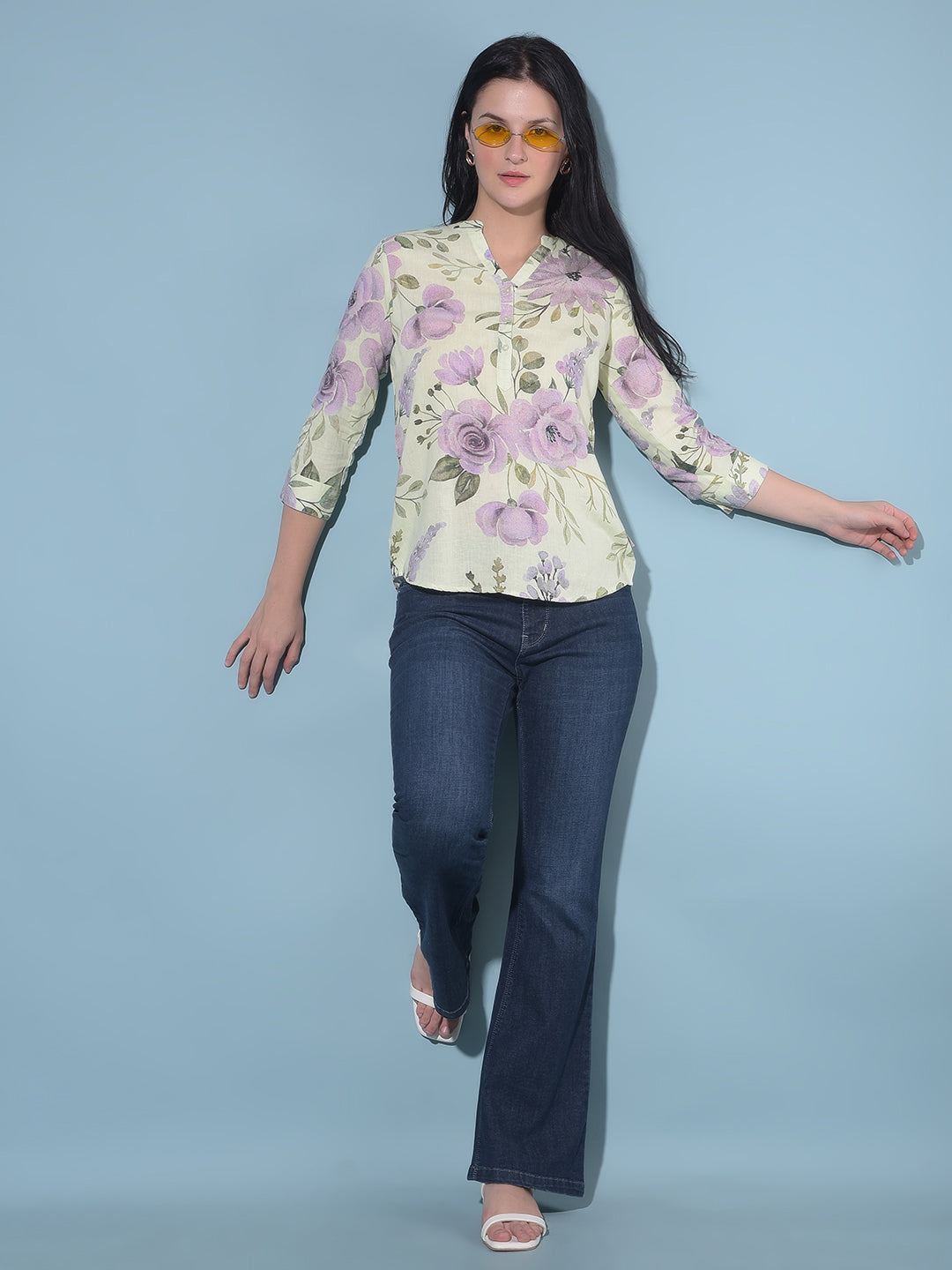 Green Floral Print Linen Top-Women Tops-Crimsoune Club