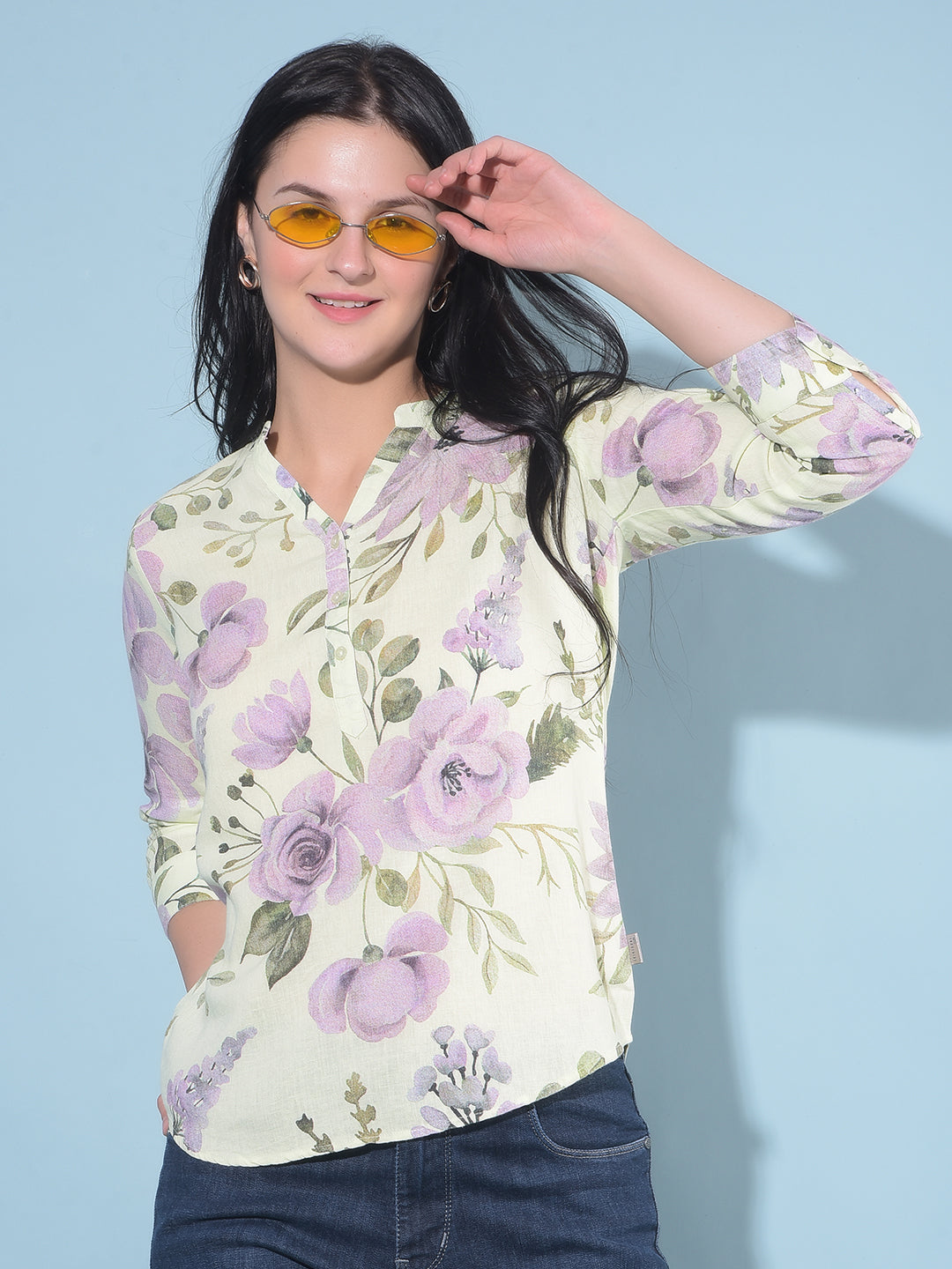 Green Floral Print Linen Top-Women Tops-Crimsoune Club