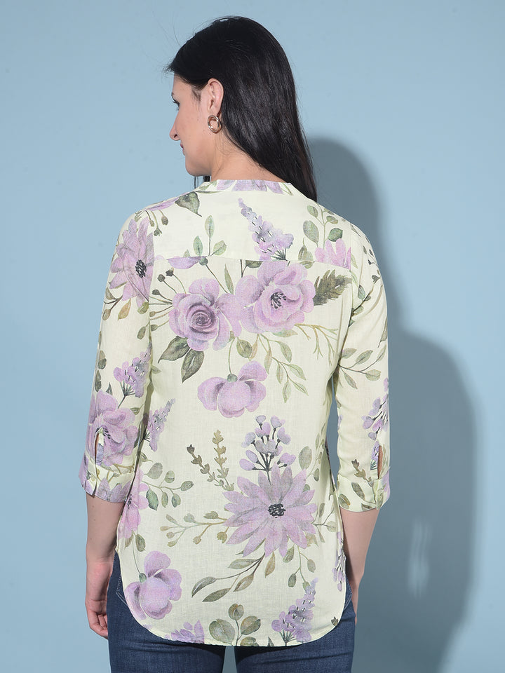 Green Floral Print Linen Top-Women Tops-Crimsoune Club