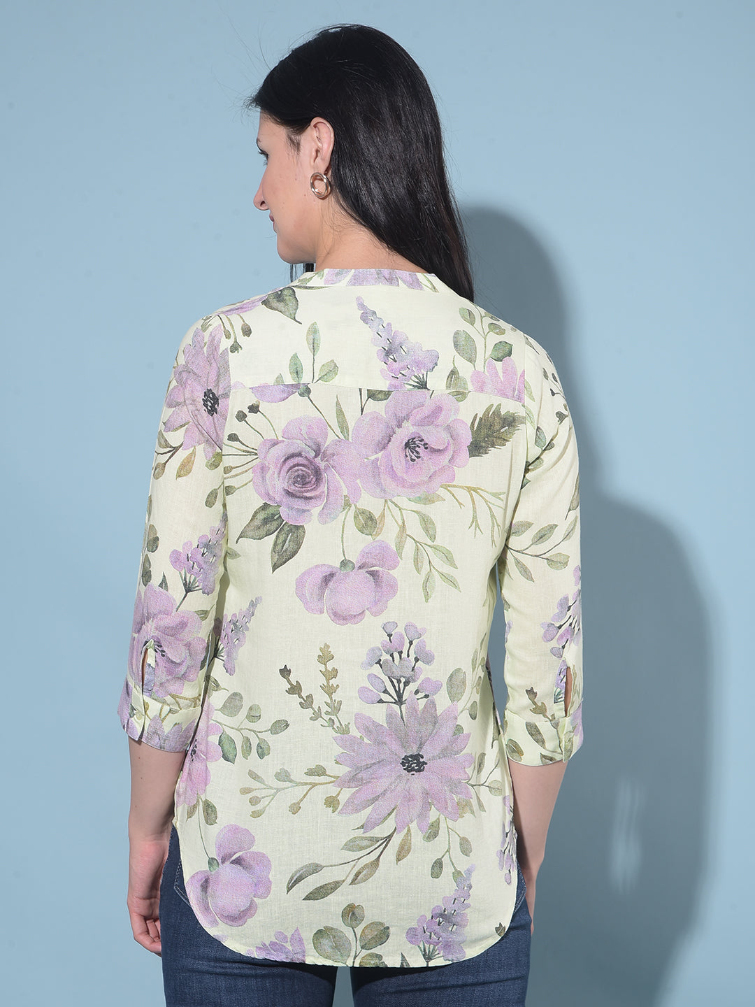 Green Floral Print Linen Top-Women Tops-Crimsoune Club