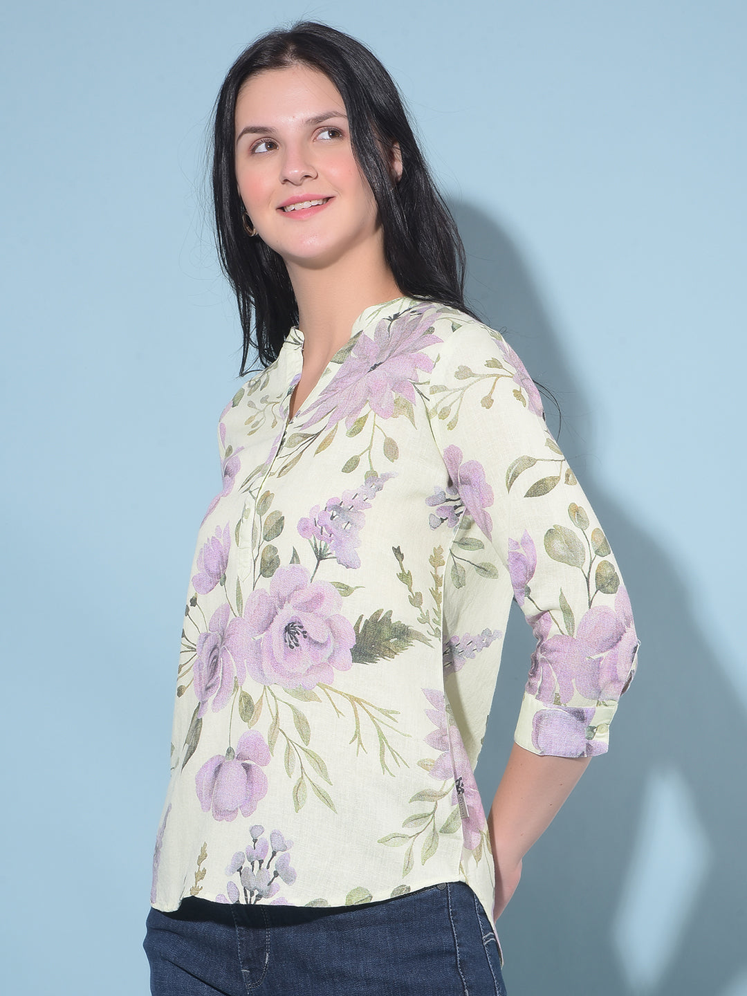 Green Floral Print Linen Top-Women Tops-Crimsoune Club