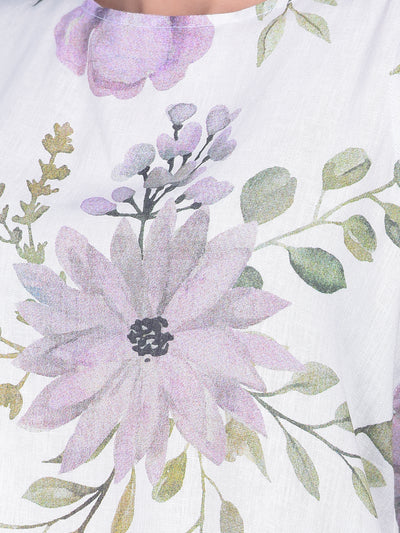 White Floral Print Linen Top-Women Tops-Crimsoune Club