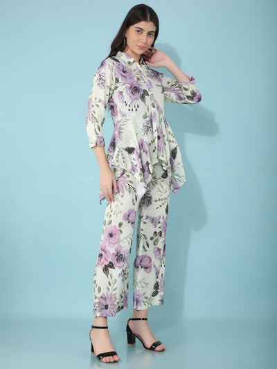 Green Floral Print Linen Top-Women Tops-Crimsoune Club