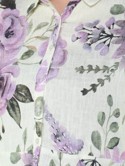 Green Floral Print Linen Top-Women Tops-Crimsoune Club