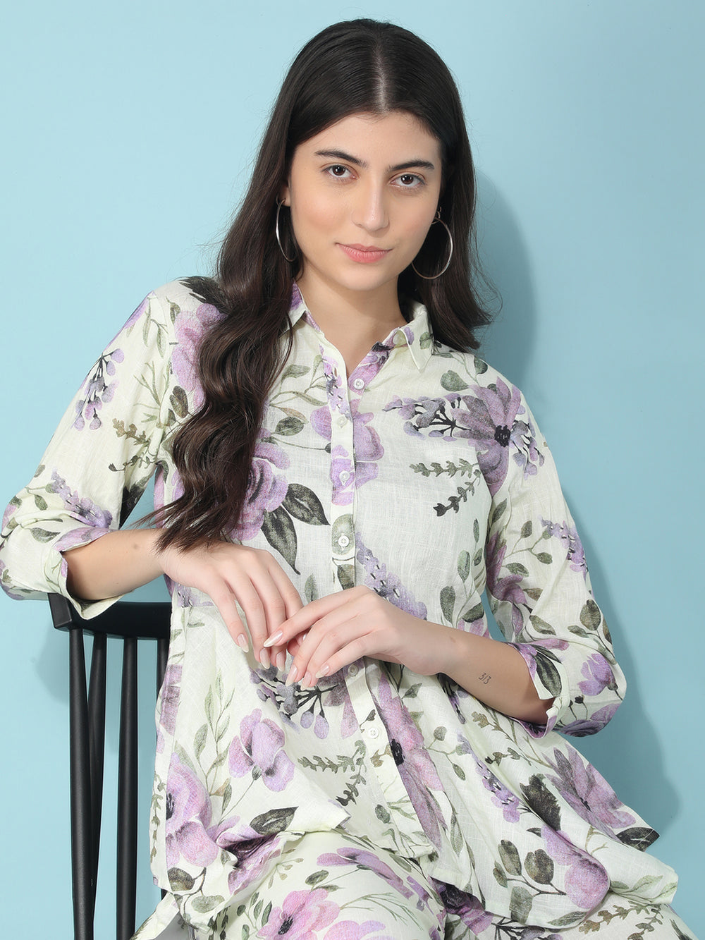 Green Floral Print Linen Top-Women Tops-Crimsoune Club
