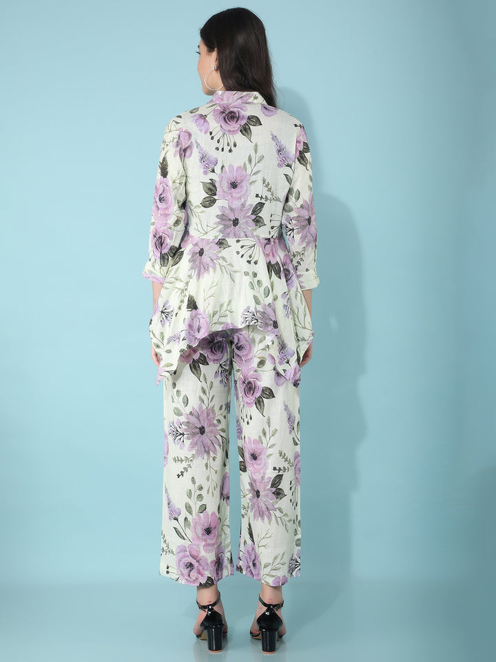 Green Floral Print Linen Top-Women Tops-Crimsoune Club
