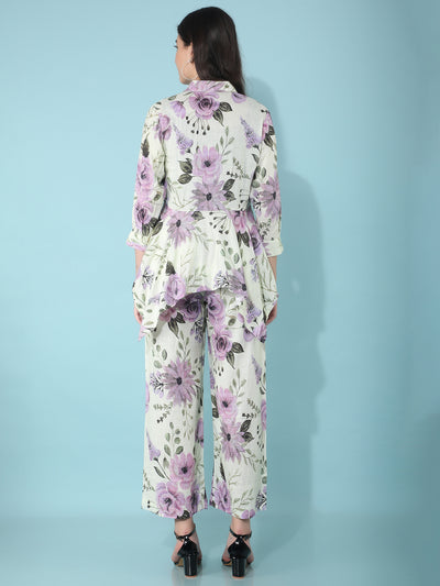 Green Floral Print Linen Top-Women Tops-Crimsoune Club