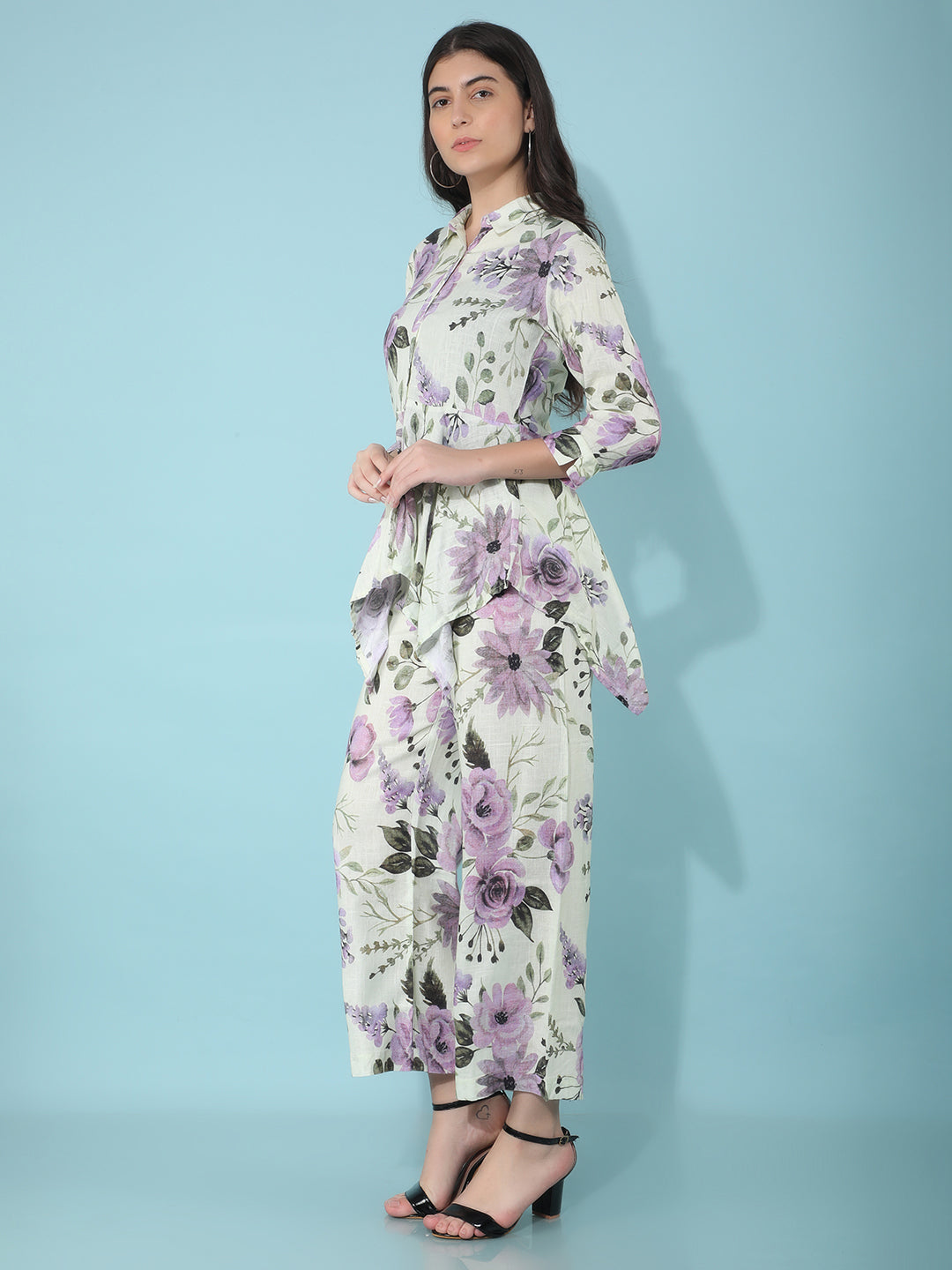 Green Floral Print Linen Top-Women Tops-Crimsoune Club