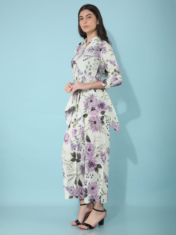 Green Floral Print Linen Top-Women Tops-Crimsoune Club