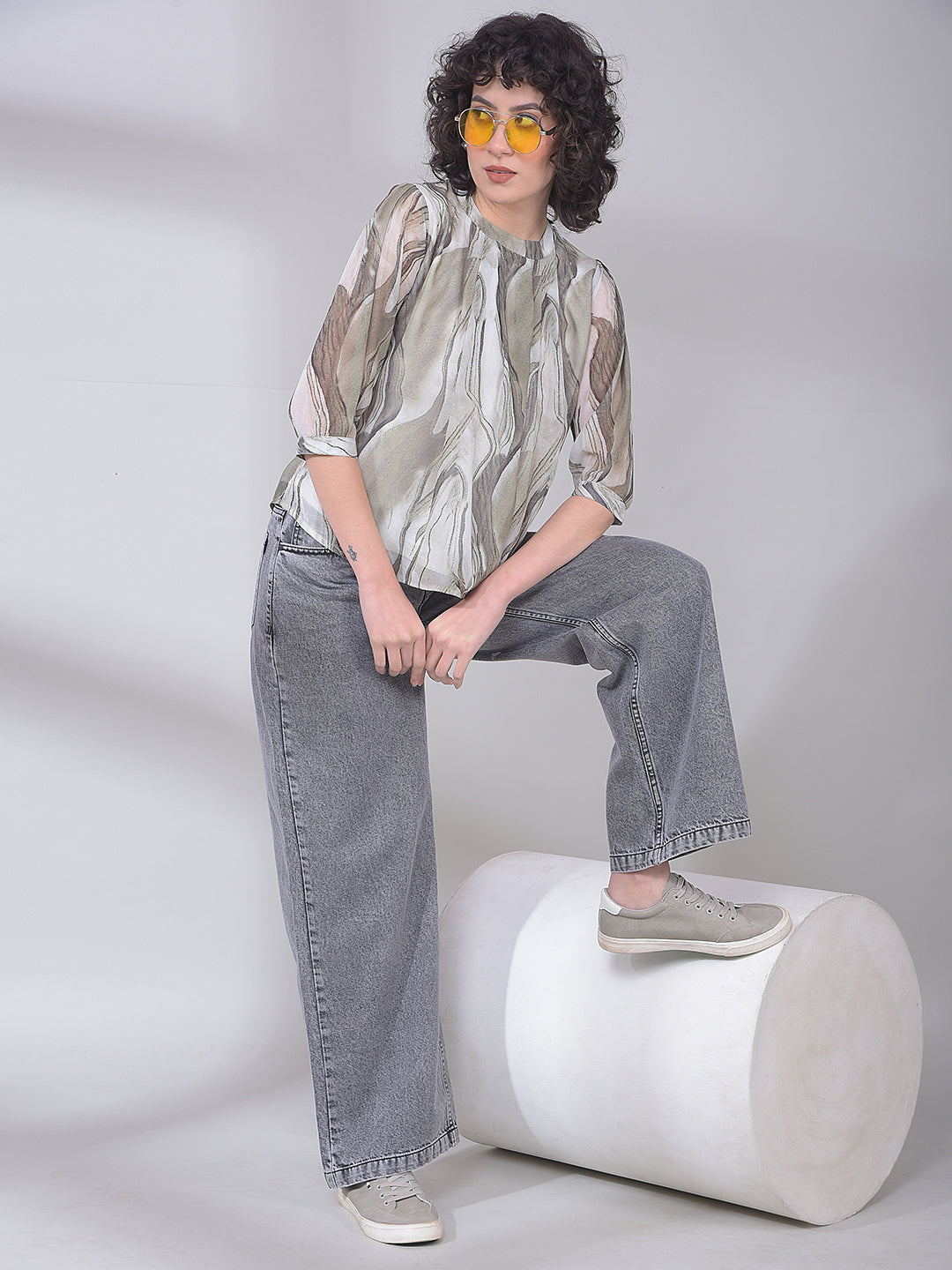 Olive Abstract Print Top-Women Tops-Crimsoune Club