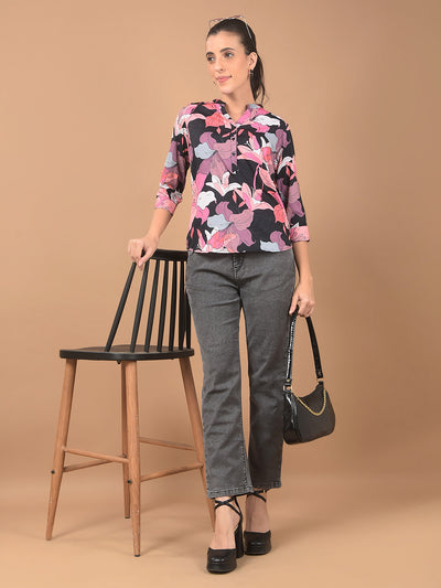 Multi-Color Floral Print Mandarin Collar Top-Women Tops-Crimsoune Club