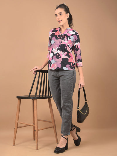 Multi-Color Floral Print Mandarin Collar Top-Women Tops-Crimsoune Club