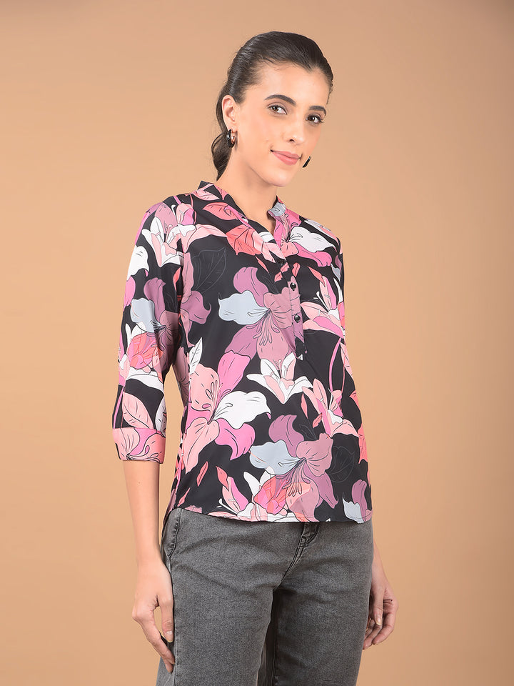 Multi-Color Floral Print Mandarin Collar Top-Women Tops-Crimsoune Club