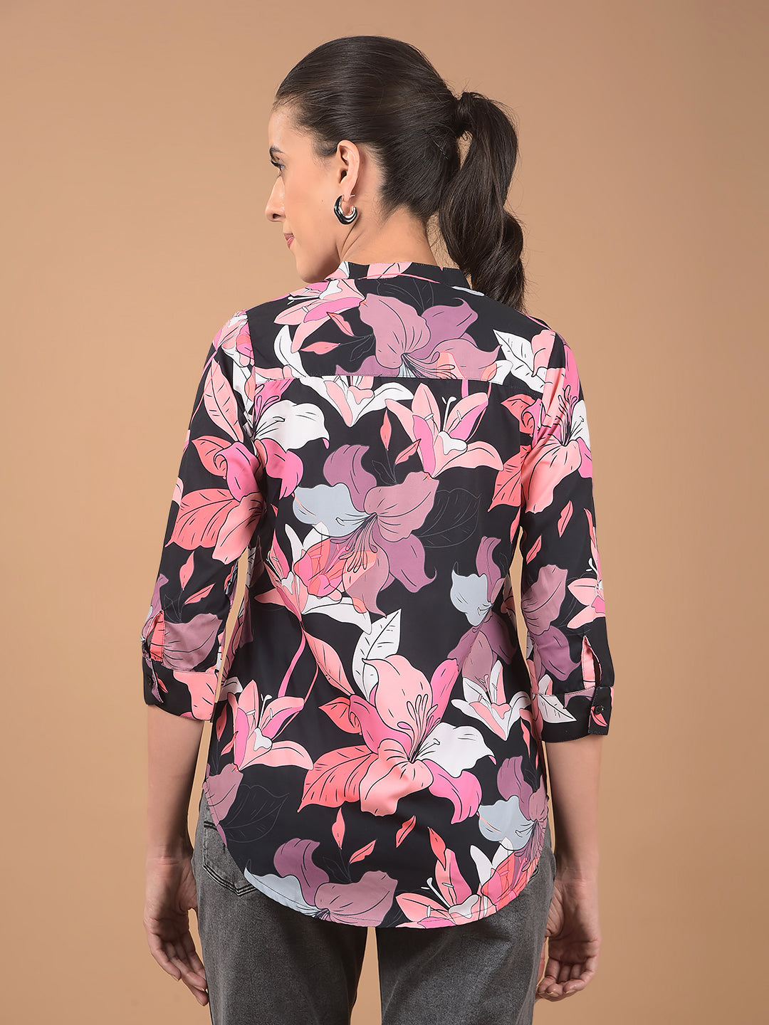 Multi-Color Floral Print Mandarin Collar Top-Women Tops-Crimsoune Club
