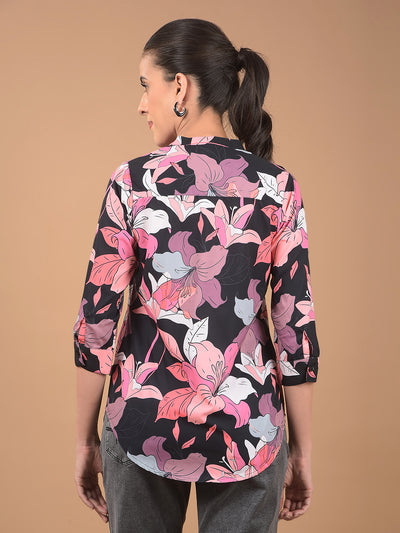 Multi-Color Floral Print Mandarin Collar Top-Women Tops-Crimsoune Club