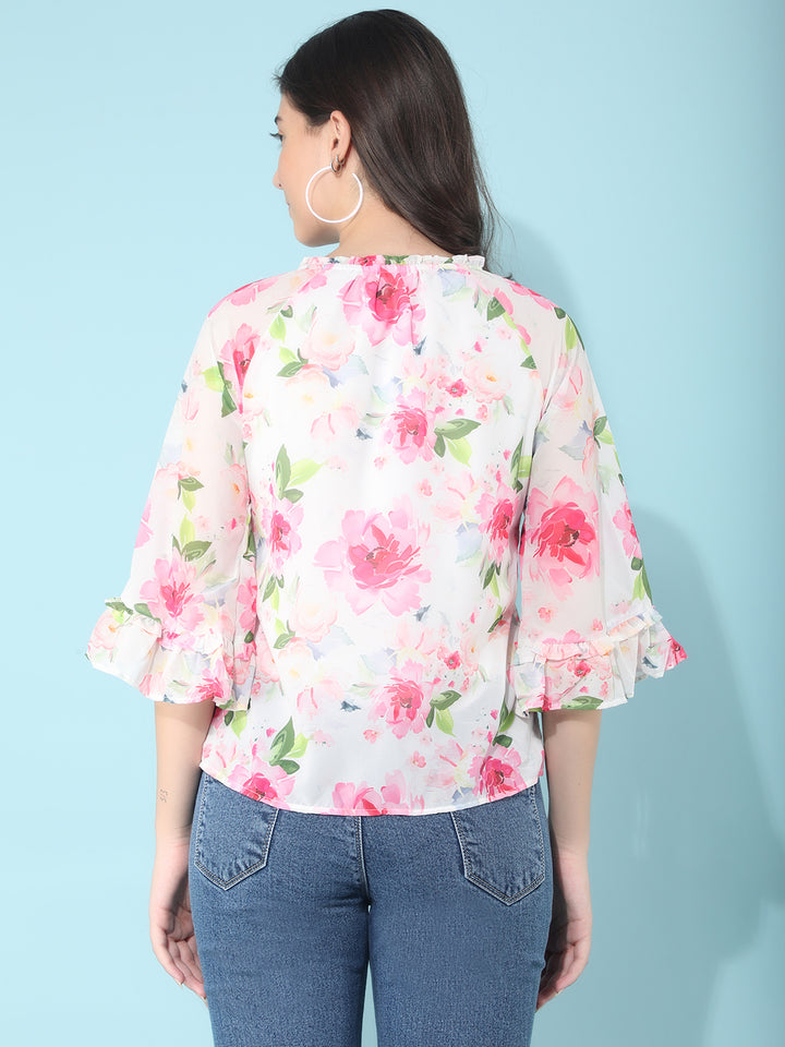 Pink Floral Print Top-Women Tops-Crimsoune Club