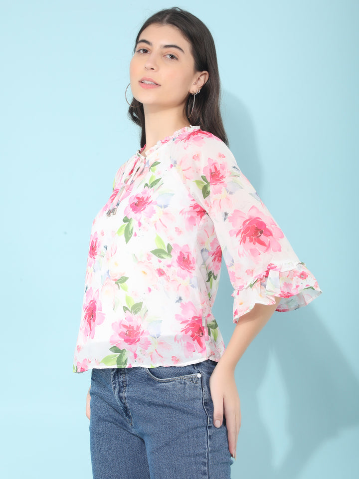 Pink Floral Print Top-Women Tops-Crimsoune Club