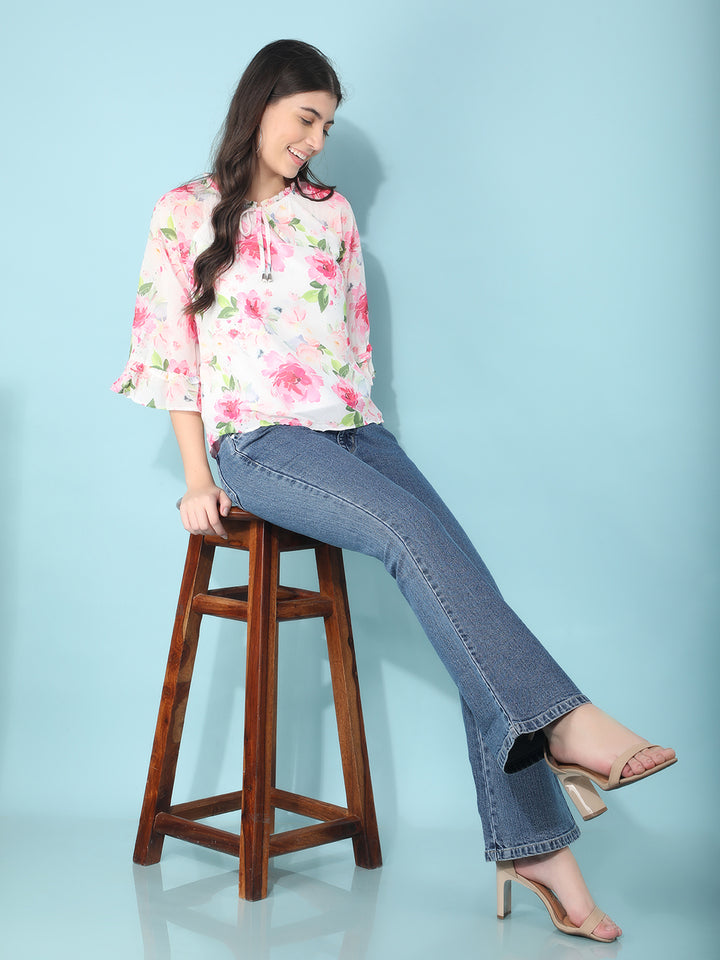 Pink Floral Print Top-Women Tops-Crimsoune Club