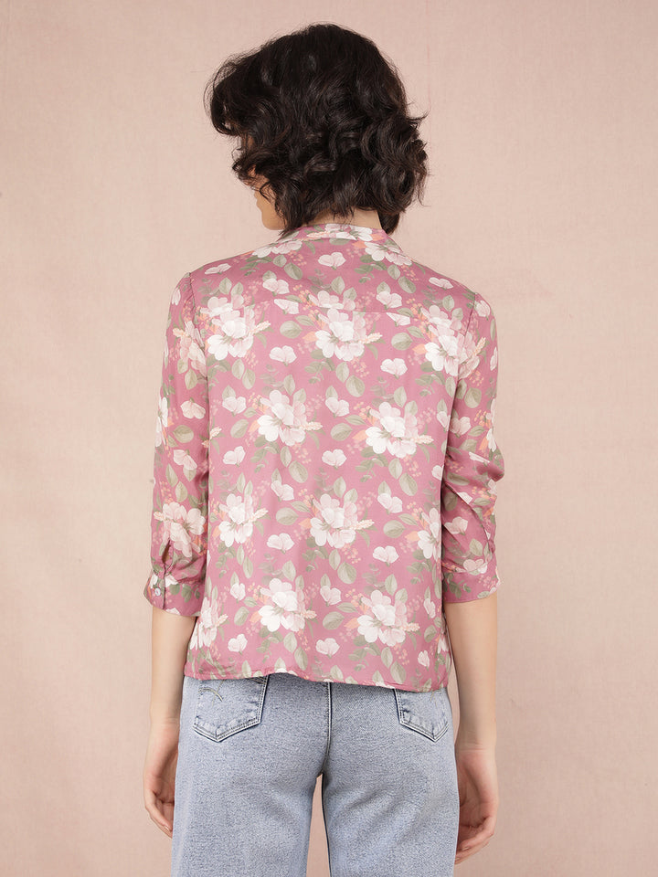 Purple Floral Print V-Neck Top-Women Tops-Crimsoune Club