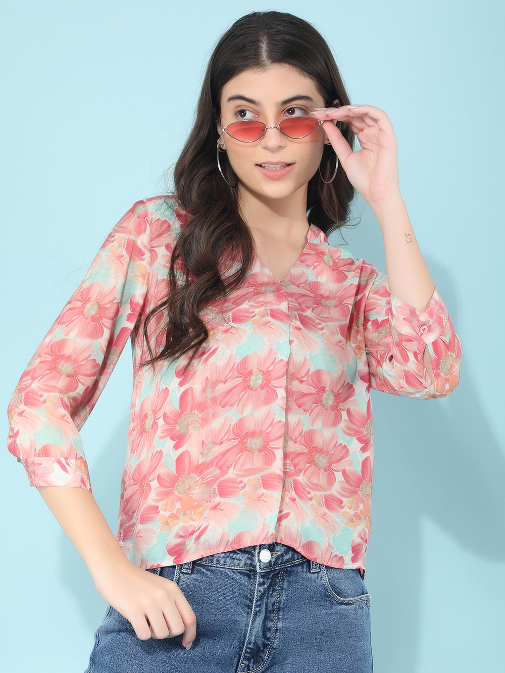 Pink Floral Print Top-Women Tops-Crimsoune Club