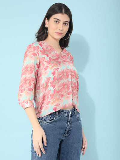 Pink Floral Print Top-Women Tops-Crimsoune Club