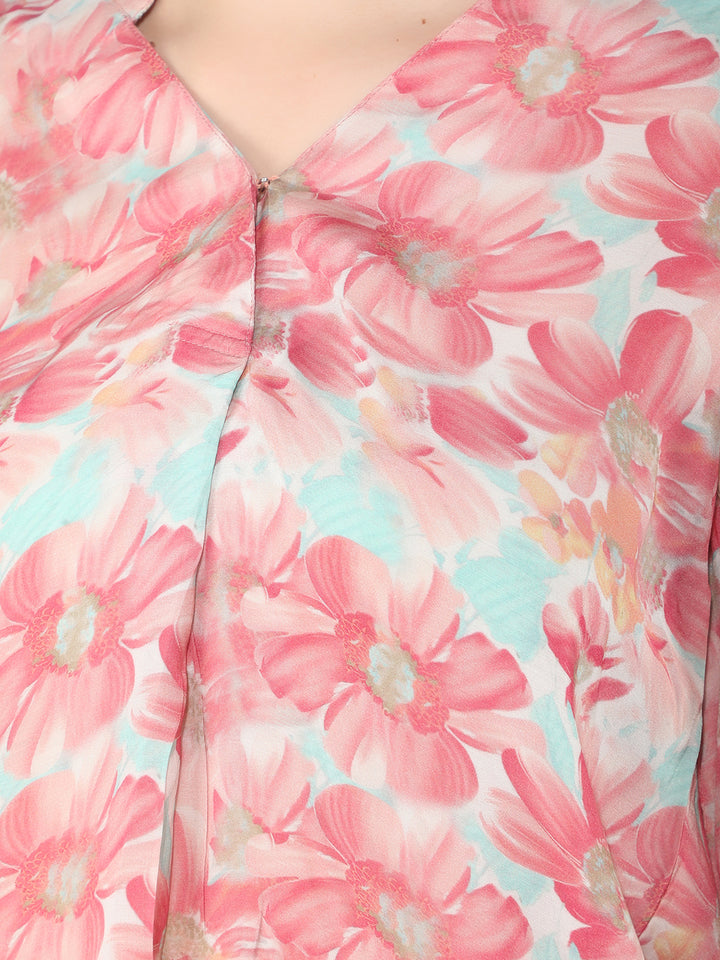 Pink Floral Print Top-Women Tops-Crimsoune Club