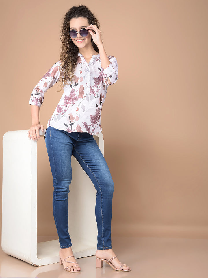 Brown Floral Print Top-Women Tops-Crimsoune Club