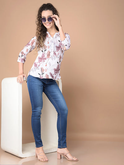 Brown Floral Print Top-Women Tops-Crimsoune Club