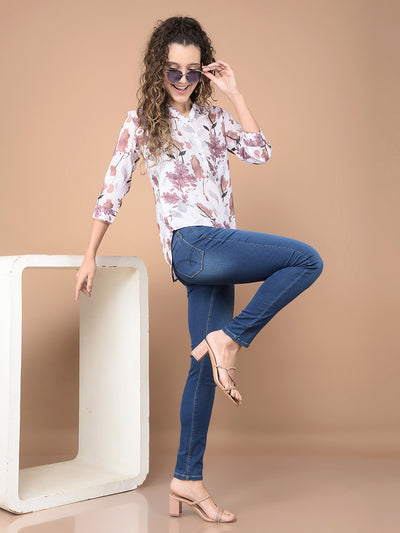 Brown Floral Print Top-Women Tops-Crimsoune Club