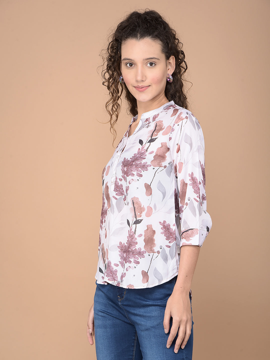 Brown Floral Print Top-Women Tops-Crimsoune Club