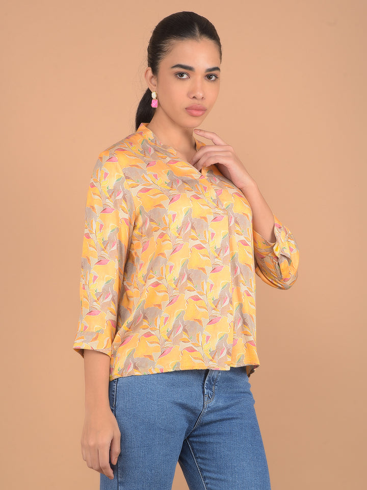 Mustard Floral Print V-Neck Top-Women Tops-Crimsoune Club
