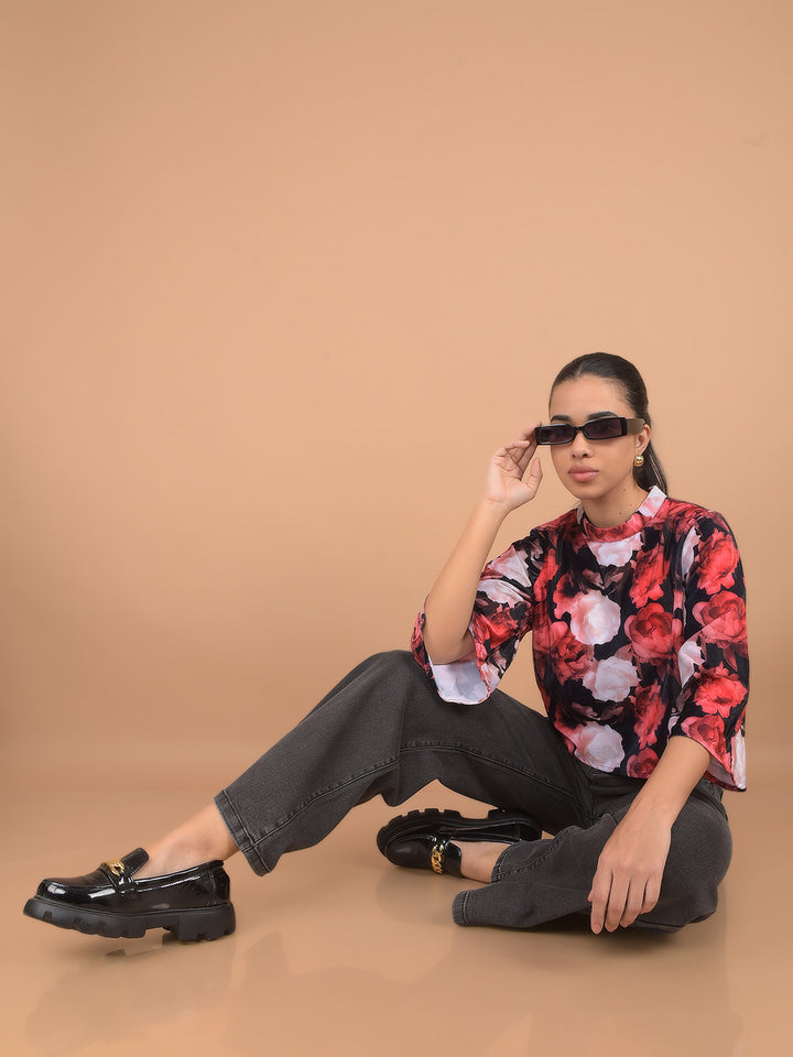 Red Floral Print Crop Top-Women Tops-Crimsoune Club