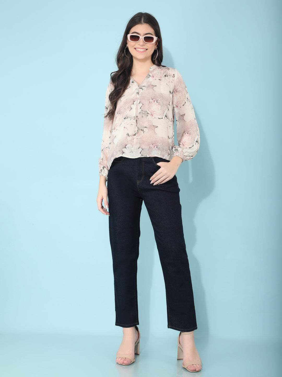 Peach Floral Print Top-Women Tops-Crimsoune Club