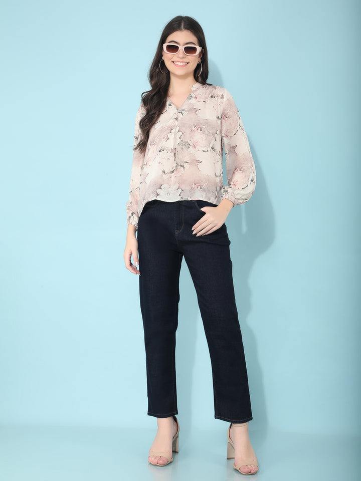 Peach Floral Print Top-Women Tops-Crimsoune Club
