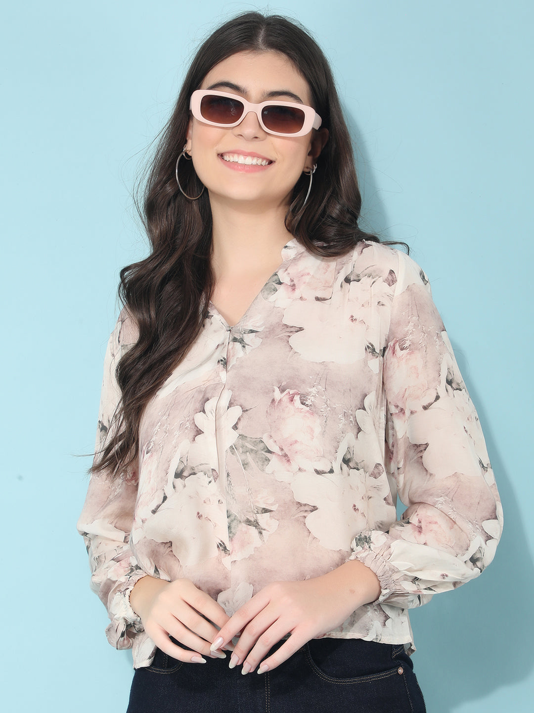 Peach Floral Print Top-Women Tops-Crimsoune Club