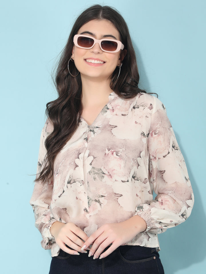 Peach Floral Print Top-Women Tops-Crimsoune Club