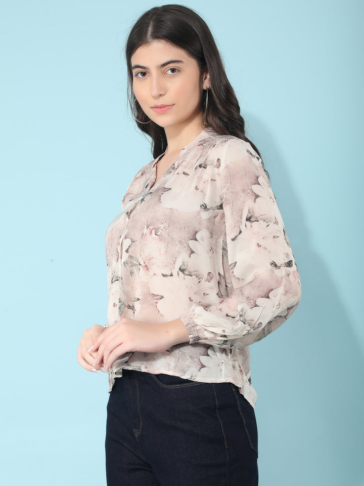Peach Floral Print Top-Women Tops-Crimsoune Club