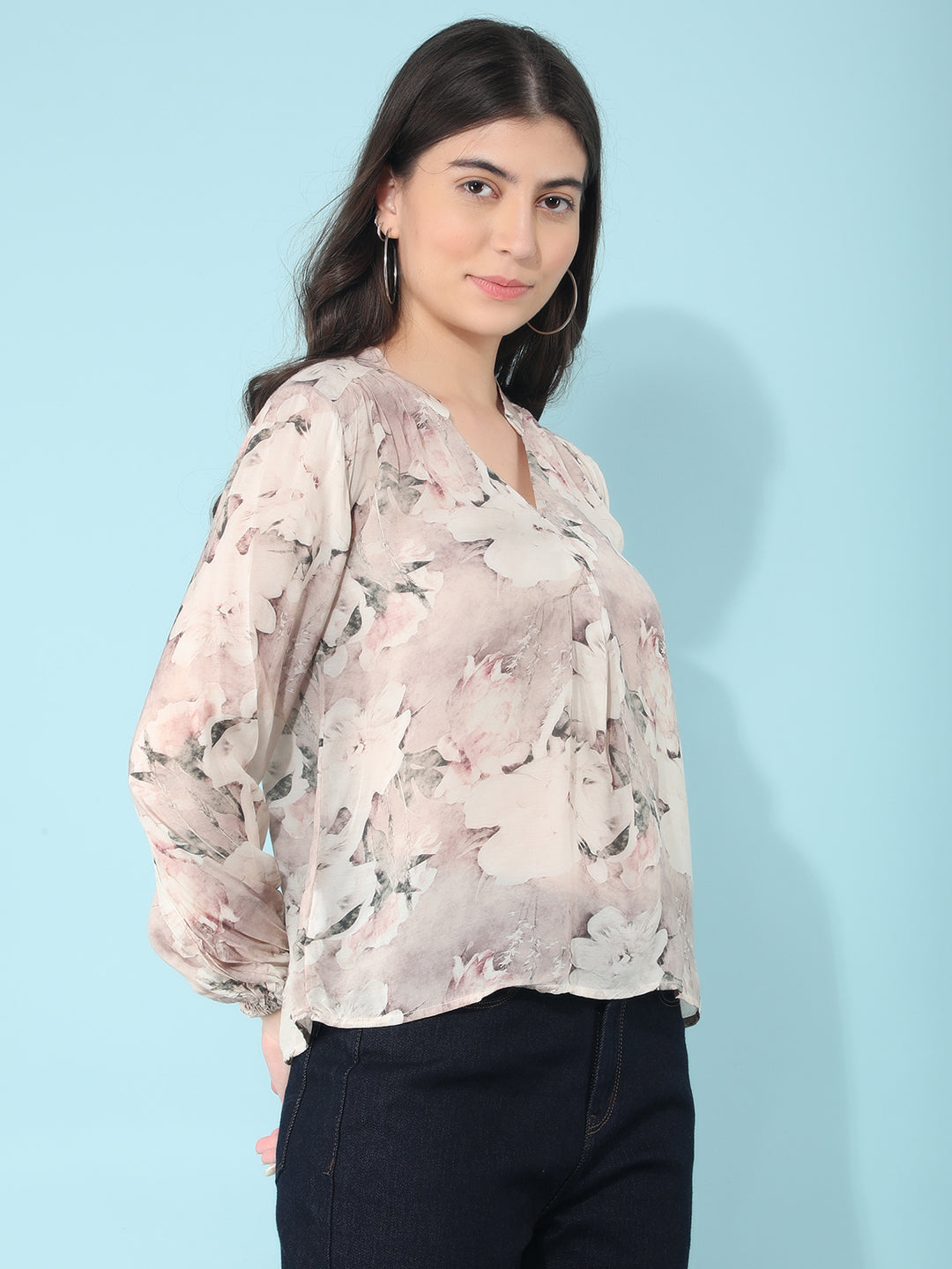 Peach Floral Print Top-Women Tops-Crimsoune Club