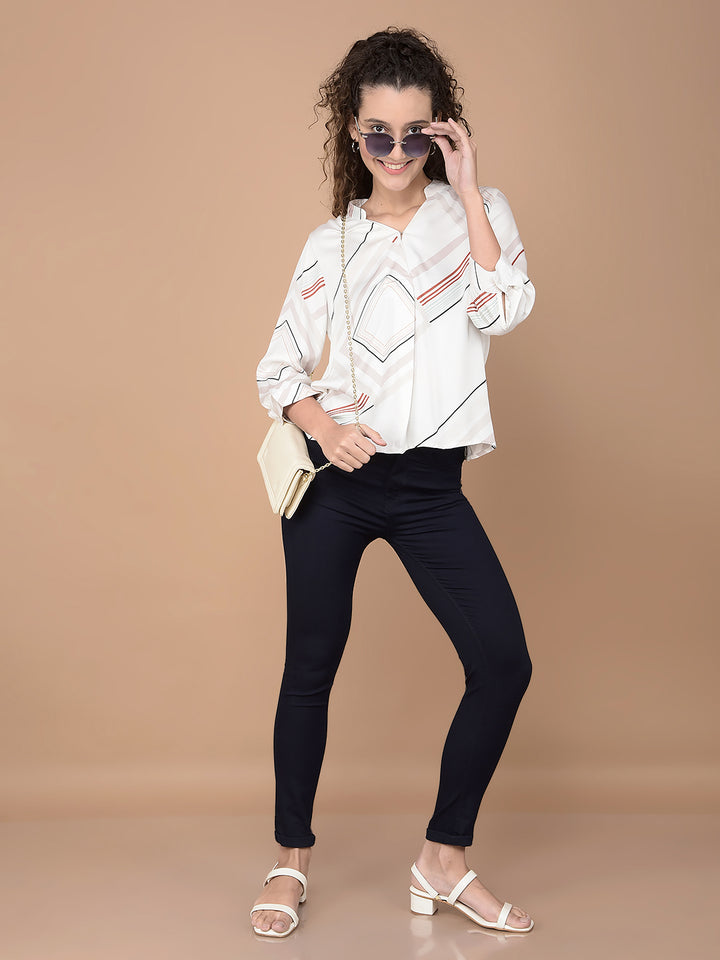 Beige Printed V-Neck Top-Women Tops-Crimsoune Club