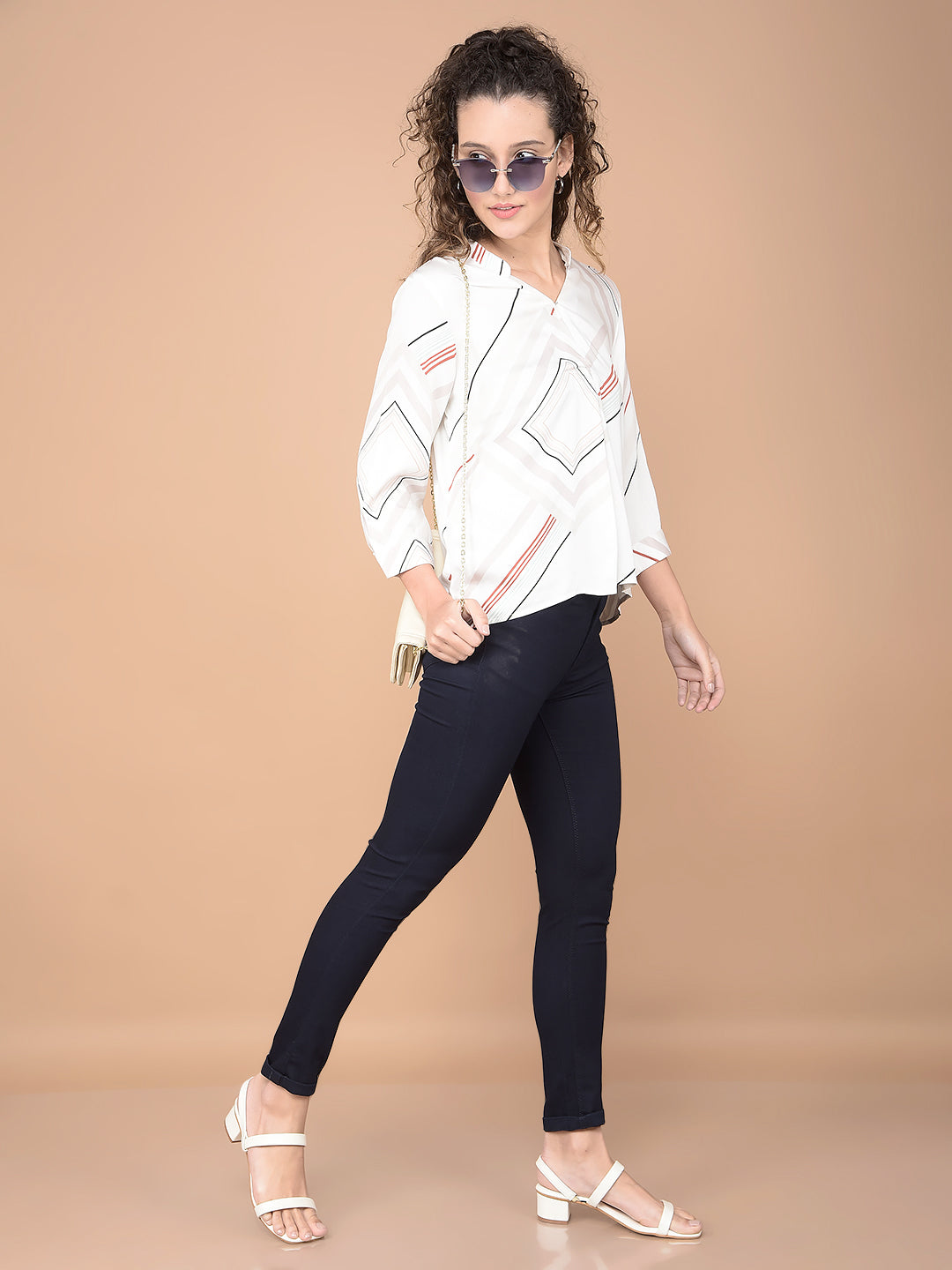 Beige Printed V-Neck Top-Women Tops-Crimsoune Club