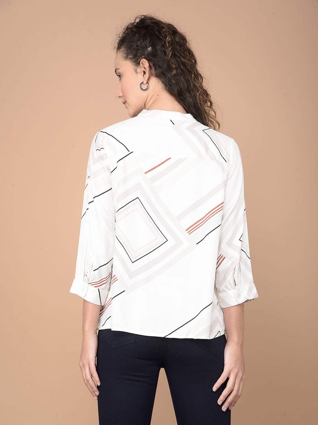 Beige Printed V-Neck Top-Women Tops-Crimsoune Club