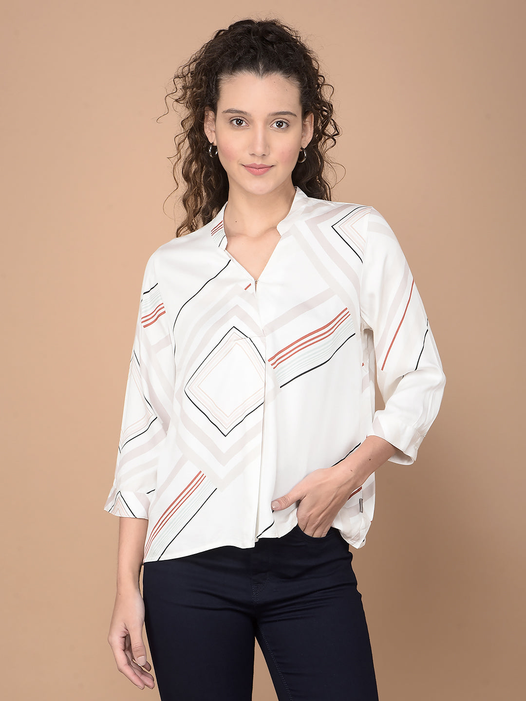 Beige Printed V-Neck Top-Women Tops-Crimsoune Club
