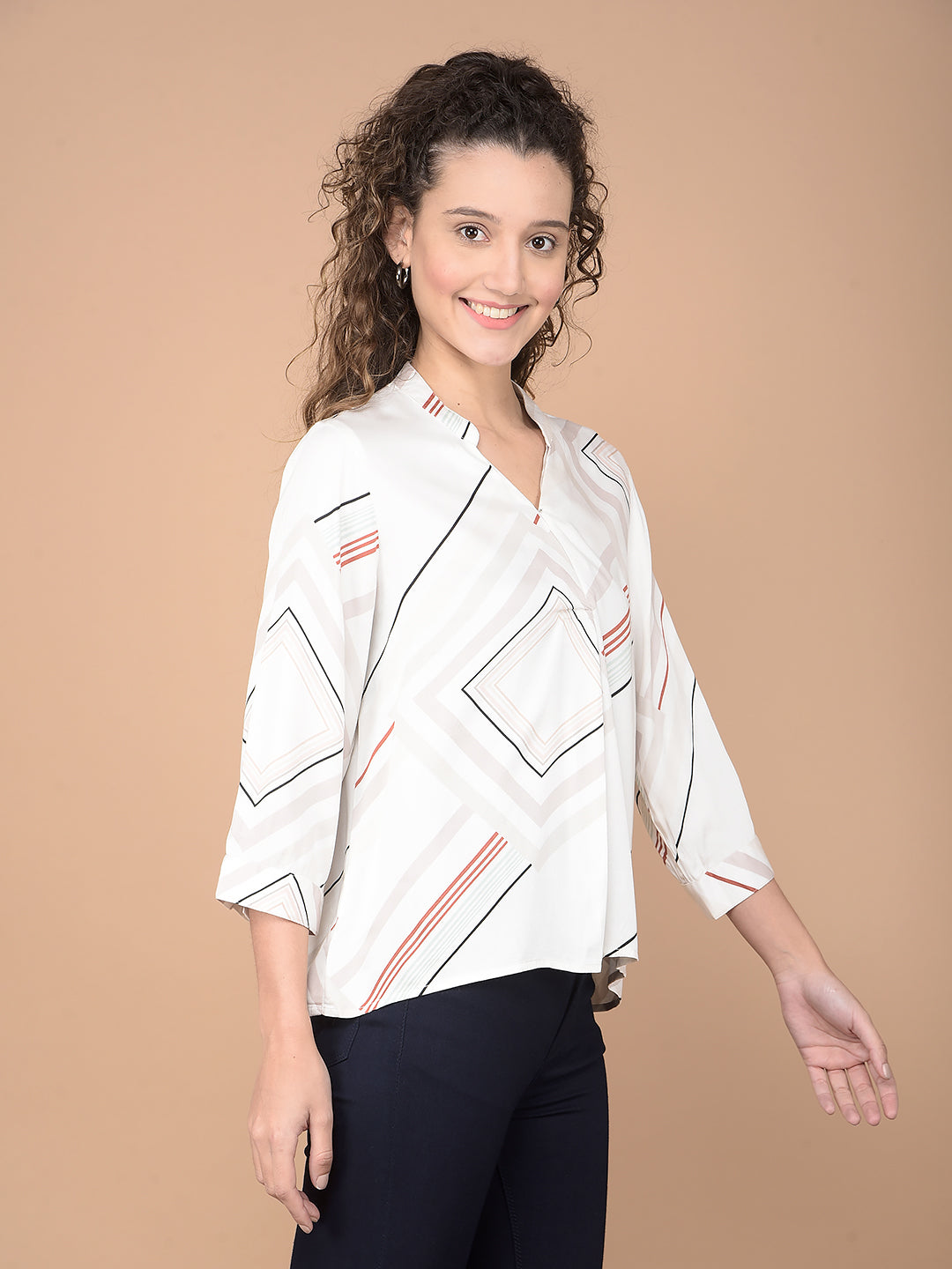 Beige Printed V-Neck Top-Women Tops-Crimsoune Club