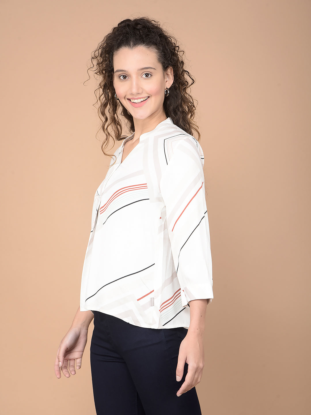 Beige Printed V-Neck Top-Women Tops-Crimsoune Club
