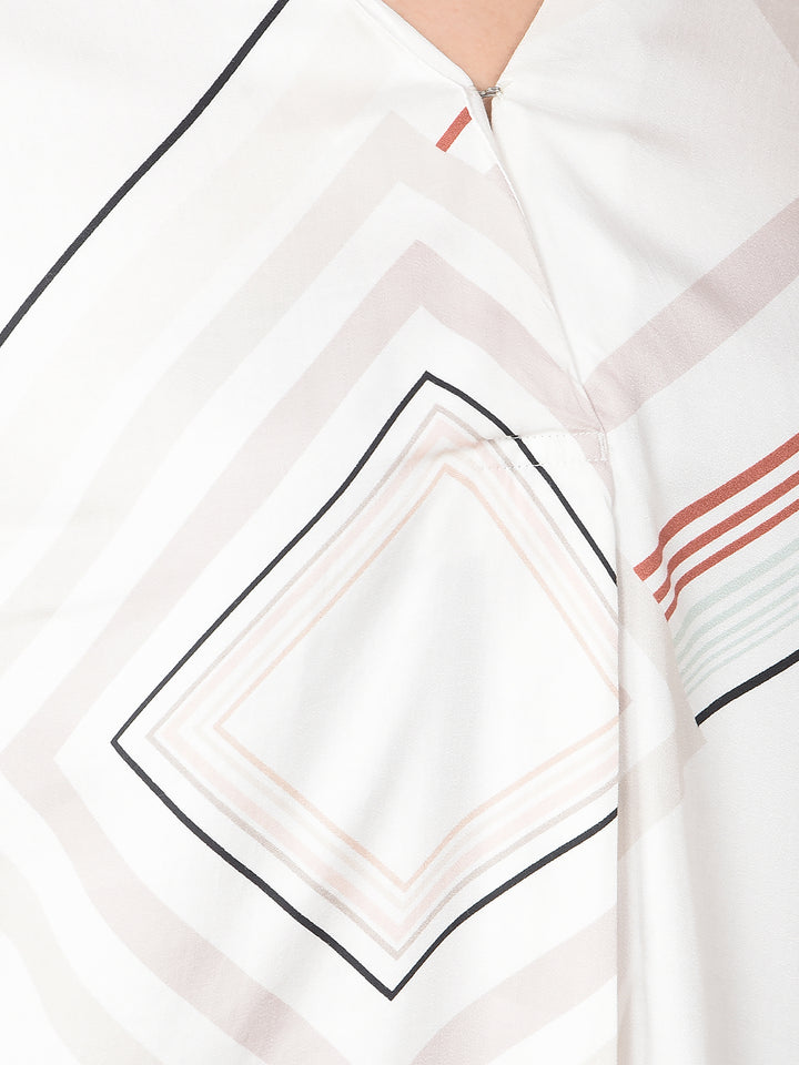 Beige Printed V-Neck Top-Women Tops-Crimsoune Club