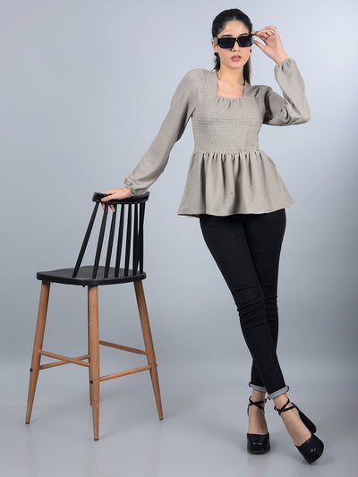 Grey Square Neck Top-Women Tops-Crimsoune Club
