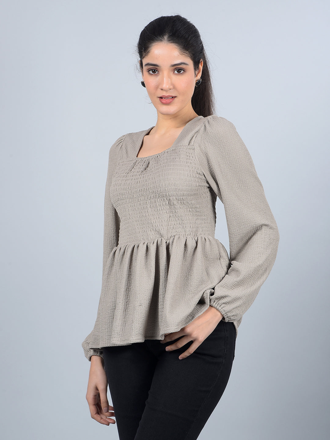 Grey Square Neck Top-Women Tops-Crimsoune Club