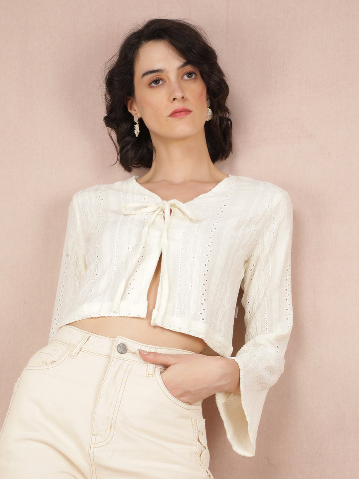 White Jacquard V-Neck Crop Length Top-Women Tops-Crimsoune Club