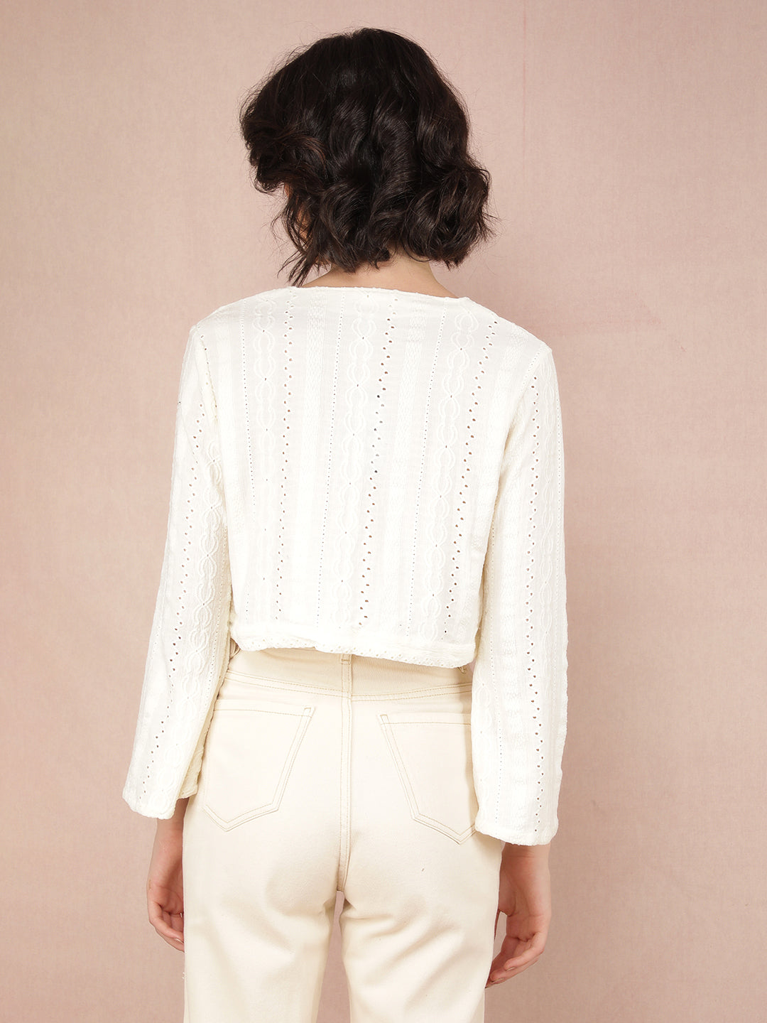 White Jacquard V-Neck Crop Length Top-Women Tops-Crimsoune Club